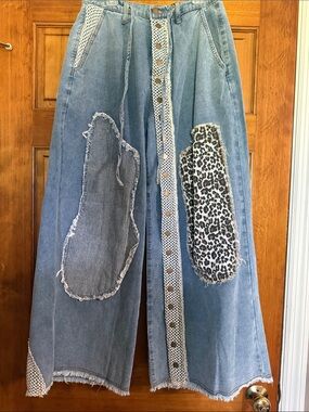 Women's Light Blue Patchwork Wide-Leg Jeans
